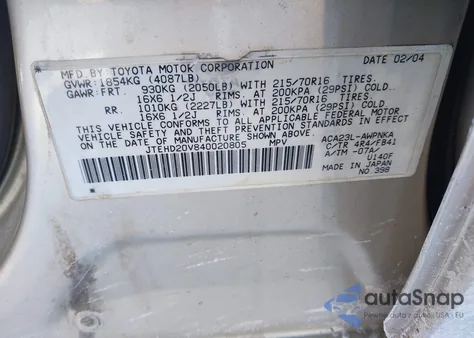 2004 Toyota Rav4 from USA, damaged, VIN JTEHD20V840020805